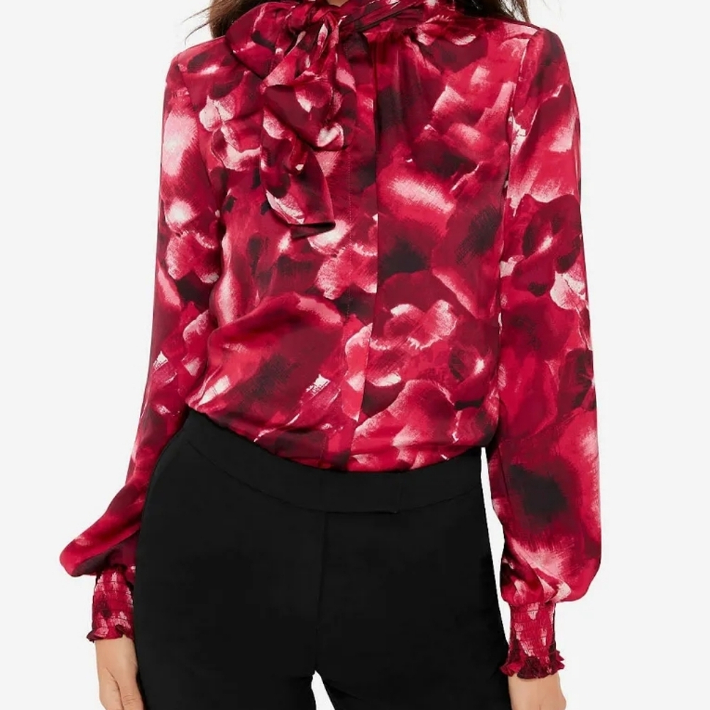 ☀️ Eva Longoria Printed Bow Blouse, Red Floral 100% Polyester Sz L.